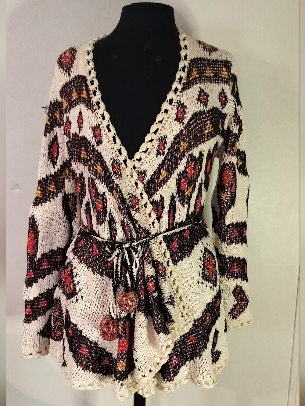 Ava couture Cream Wrap Cardigan with Black and Red Accents